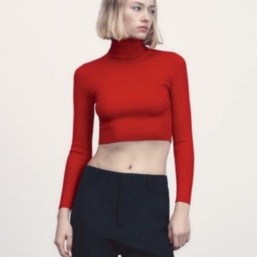 Zara Red Cropped Turtleneck Knit Top